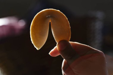 hands holding a fortune cookie against a bright light, the golden color of the cookie contrasts with the hand of the child and the intense light creates a interesting effect.