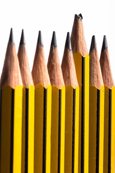 Line of pencils on white background with one pencil having a broken tip