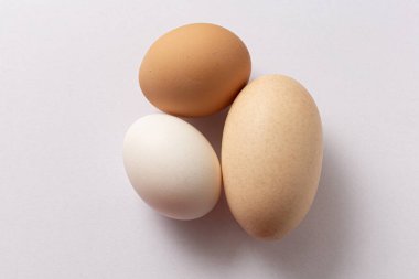 Çift sarısı olan bir tavuk yumurtası beyaz arka planda iki küçük yumurtanın yanında duruyor..