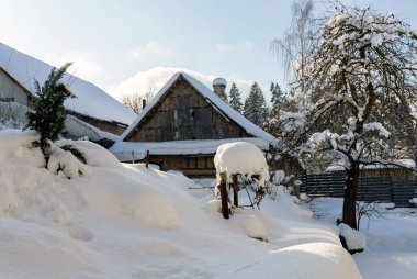 Karlı bir ormanda yazlık ev. Doğa, açık hava aktiviteleri.