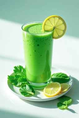 Limonlu yeşil smoothie ve beyaz çay tabağında nane.