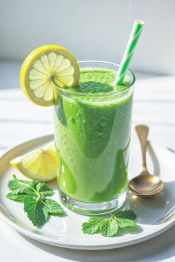 Limonlu yeşil smoothie ve beyaz çay tabağında nane.
