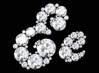 Siyaha izole edilmiş değerli taşlı elmas harfler. (yüksek çözünürlüklü 3B resim)