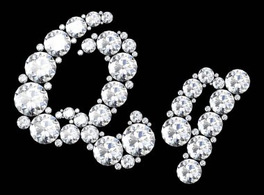 Siyaha izole edilmiş değerli taşlı elmas harfler. (yüksek çözünürlüklü 3B resim)