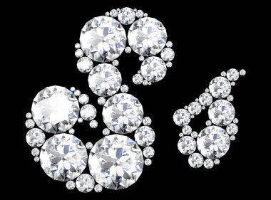 Siyaha izole edilmiş değerli taşlı elmas harfler. (yüksek çözünürlüklü 3B resim)