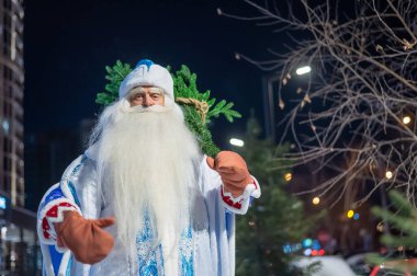 Rus Noel Baba 'sı dışarıda bir Noel ağacı taşıyor.