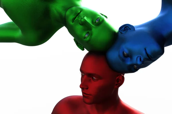 Модель Три Разноцветные Мужские Головы Растущие Друг Друга Группа — стоковое фото