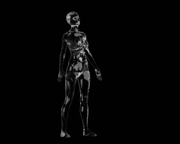 Трехмерная Модель Прозрачная Фигура Обнаженной Лысой Женщины Черном Фоне — стоковое фото
