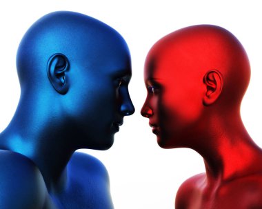 3 boyutlu görüntüleme. Beyaz arka planda mavi kel adam ve kırmızı kel kadın portresi