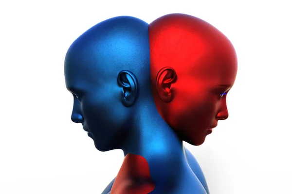 3Dレンダリング 白い背景に男の青い頭と赤の女の頭の合併 — ストック写真