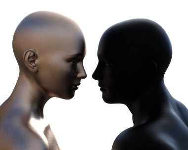 3 boyutlu illüstrasyon. Kel bir çiftin portresi. Beyaz arka planda siyah adam ve gümüş kadın.