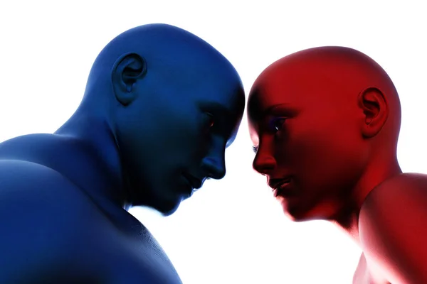 3d render. Portrait of blue bald man and red bald woman on white background
