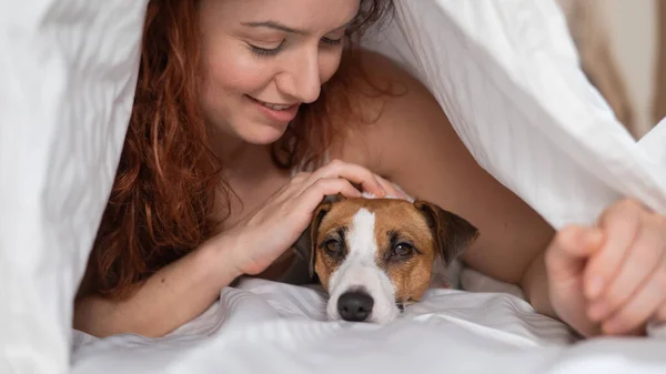 Kaukasiska Rödhåriga Kvinna Sover Omfamning Med Jack Russell Terrier Hund — Stockfoto