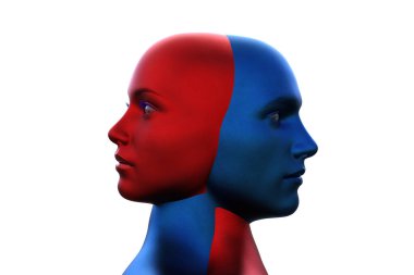 3 boyutlu görüntüleme. Beyaz arka planda bir erkek mavi kafa ve kırmızı bir kadının birleşmesi.