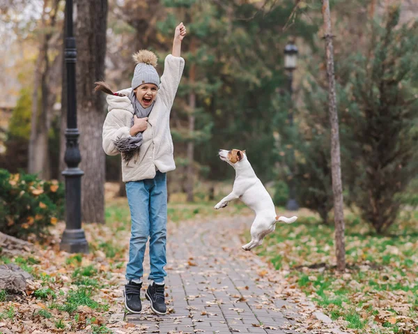 Кавказская Девушка Играет Собакой Прогулке Осеннем Парке — стоковое фото