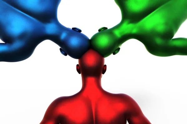 3Dモデル 3つの多色の男性の頭が互いに成長しています グループ マインド — ストック写真