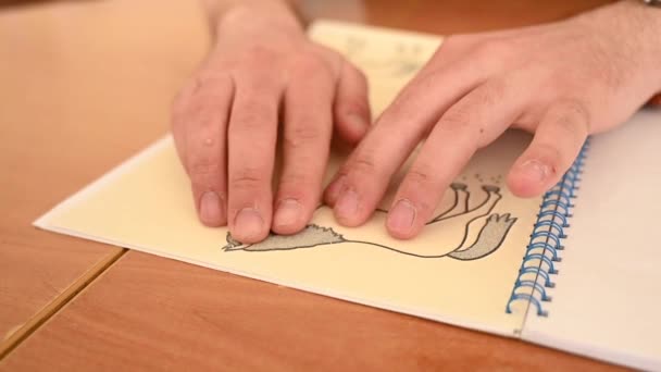 Ein Sehbehinderter Mann Berührt Eine Dreidimensionale Illustration Einem Buch Brailleschrift — Stockvideo