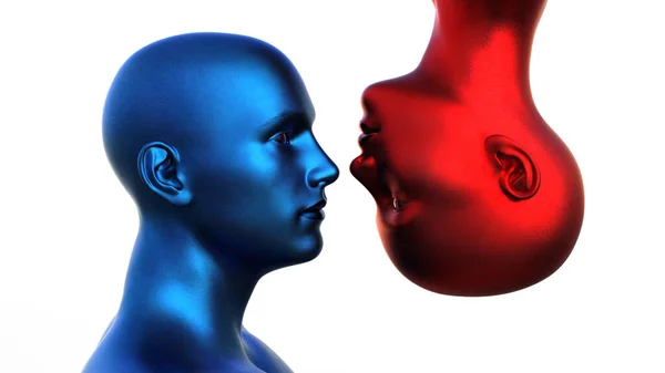 Renderização Retrato Homem Careca Azul Uma Mulher Careca Vermelha Cabeça — Fotografia de Stock