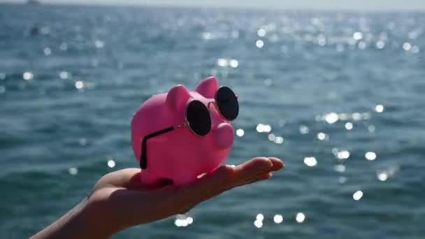 Uma Mulher Segura Porquinho Com Óculos Sol Fundo Mar Orçamento — Vídeo de Stock
