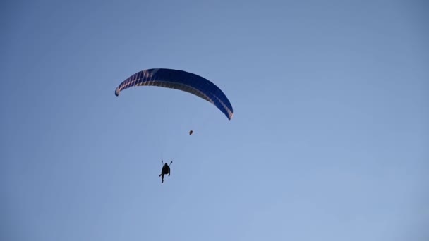 青い空を飛ぶパラグライダーの男のシルエット — ストック動画