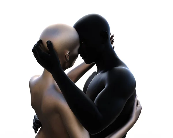 Ilustración Una Pareja Calva Abrazándose Hombre Negro Mujer Plateada Sobre —  Fotos de Stock