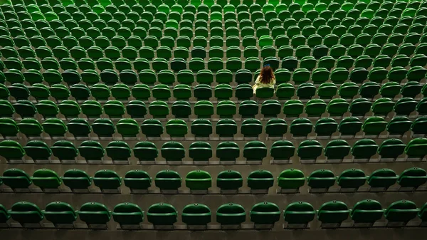 Caucasian Woman Stands Empty Tribune Stadium Female Cheerleader — стоковое фото