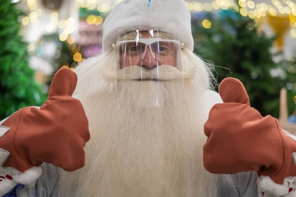 Portrait Russian Santa Claus Wearing Protective Visor Shows Thumbs — Stock Photo, Image