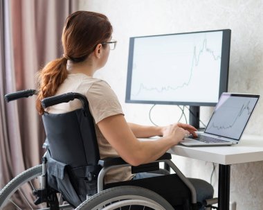Tekerlekli sandalyedeki beyaz kadın evden bilgisayarla yazı yazıyor. Engelliler için uzak çalışma