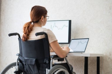 Tekerlekli sandalyedeki beyaz kadın evden bilgisayarla yazı yazıyor. Engelliler için uzak çalışma