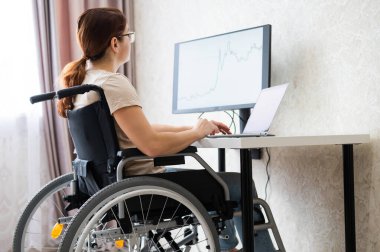 Tekerlekli sandalyedeki beyaz kadın evden bilgisayarla yazı yazıyor. Engelliler için uzak çalışma