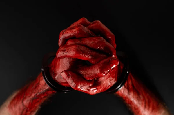 Close Male Bloody Handcuffed Hands Black Background — Stock Photo, Image