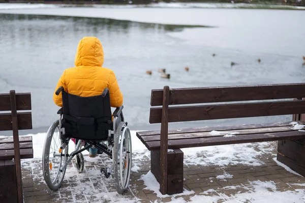 Caucasian Woman Wheelchair Walks Lake Winter — 图库照片