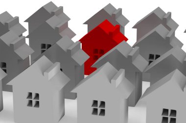 Üç boyutlu model. Bir sürü kulübe ve bir kırmızı. Farklılık