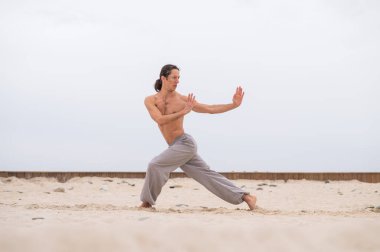 Beyaz adam dışarıda dövüş sanatları yapıyor. denge ve meditasyon