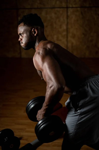African American Man Naked Torso Doing Triceps Row Dumbbell Bench — Stock Photo, Image