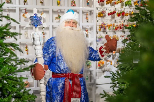 Russian Santa Claus Chooses Decorations Christmas Tree Store — Stock Photo, Image