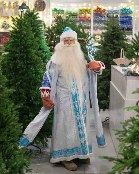 Portrait Russian Santa Claus Artificial Christmas Tree Shop — Stock Photo, Image