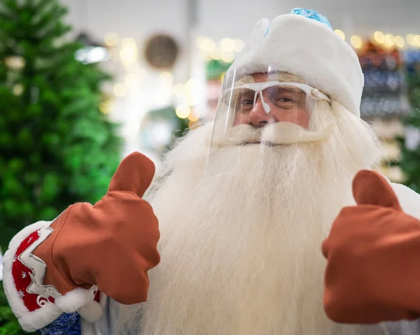 Portrait Russian Santa Claus Wearing Protective Visor Shows Thumbs — Stock Photo, Image