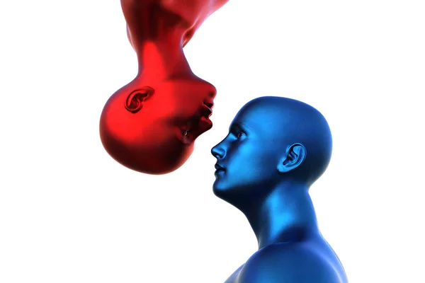 3Dレンダリング 白い背景の上に青いはげの男と赤いはげの女の肖像 — ストック写真