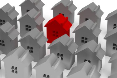 Üç boyutlu model. Bir sürü kulübe ve bir kırmızı. Farklılık