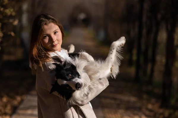 秋の公園を歩いていると 国境線を持つ白人女性が腕の中に横たわっていた 犬を連れた少女の肖像 — ストック写真