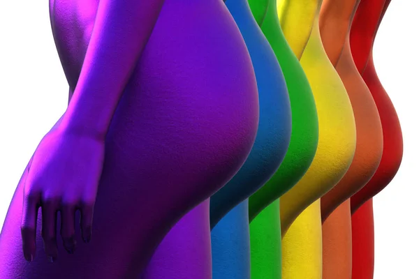 Illustration Nahaufnahme Von Bunten Nackten Weiblichen Gesäßen Regenbogen Metall — Stockfoto