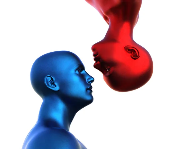 3Dレンダリング 白い背景の上に青いはげの男と赤いはげの女の肖像 — ストック写真