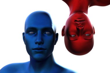 3 boyutlu görüntüleme. Mavi kel bir adamın portresi baş aşağı ve beyaz arka planda kızıl kel bir kadın.