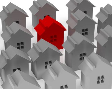 Üç boyutlu model. Bir sürü kulübe ve bir kırmızı. Farklılık