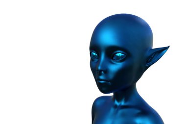 3 boyutlu görüntüleme. Beyaz arka planda mavi bir elfin portresi