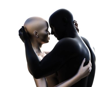 3 boyutlu illüstrasyon. Kel çift sarılıyor. Beyaz arka planda siyah adam ve gümüş kadın.