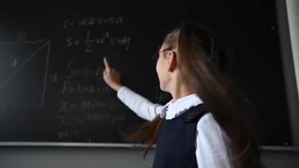 Porträtt Kaukasisk Flicka Glasögon Klassrummet Skolflickan Skriver Formeln Med Krita — Stockvideo