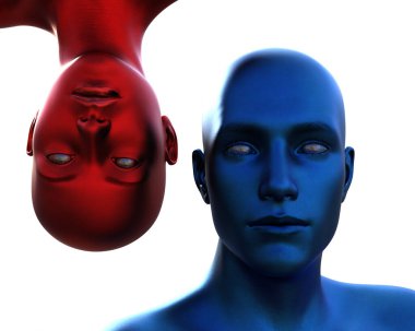 3 boyutlu görüntüleme. Mavi kel bir adamın portresi baş aşağı ve beyaz arka planda kızıl kel bir kadın.