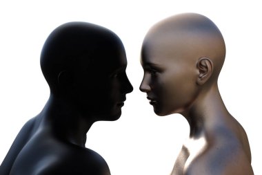 3 boyutlu illüstrasyon. Kel bir çiftin portresi. Beyaz arka planda siyah adam ve gümüş kadın.